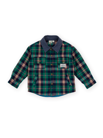 The Goldie + Ace Check Padded Shacket in Green Check pictured on a transparent background. The material is 100% cotton, with 100% polyester filling. It is a jacket made for babies, toddlers and kids.