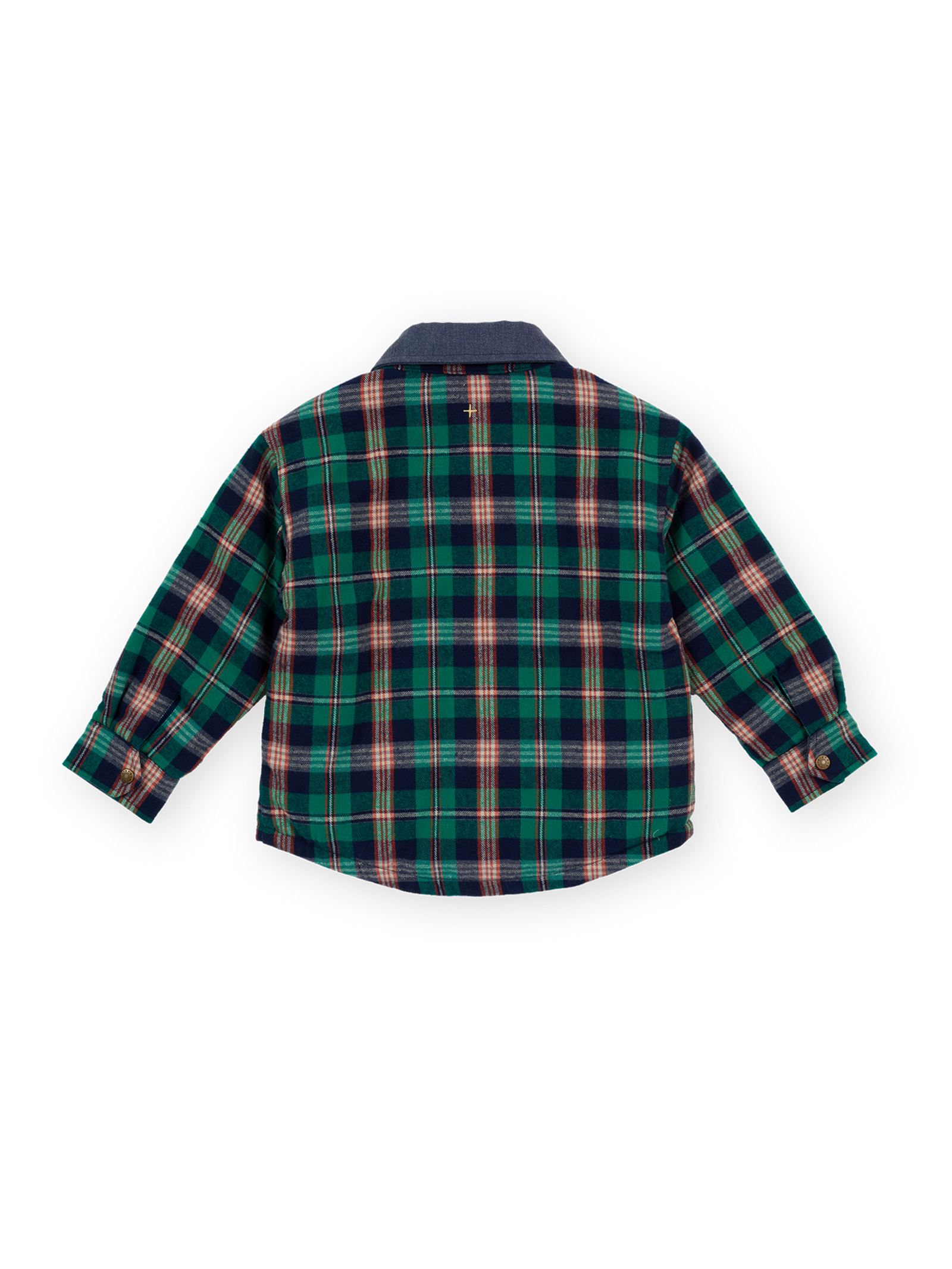 The Goldie + Ace Check Padded Shacket in Green Check pictured on a transparent background. The material is 100% cotton, with 100% polyester filling. It is a jacket made for babies, toddlers and kids.