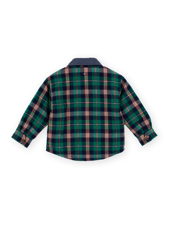 The Goldie + Ace Check Padded Shacket in Green Check pictured on a transparent background. The material is 100% cotton, with 100% polyester filling. It is a jacket made for babies, toddlers and kids.