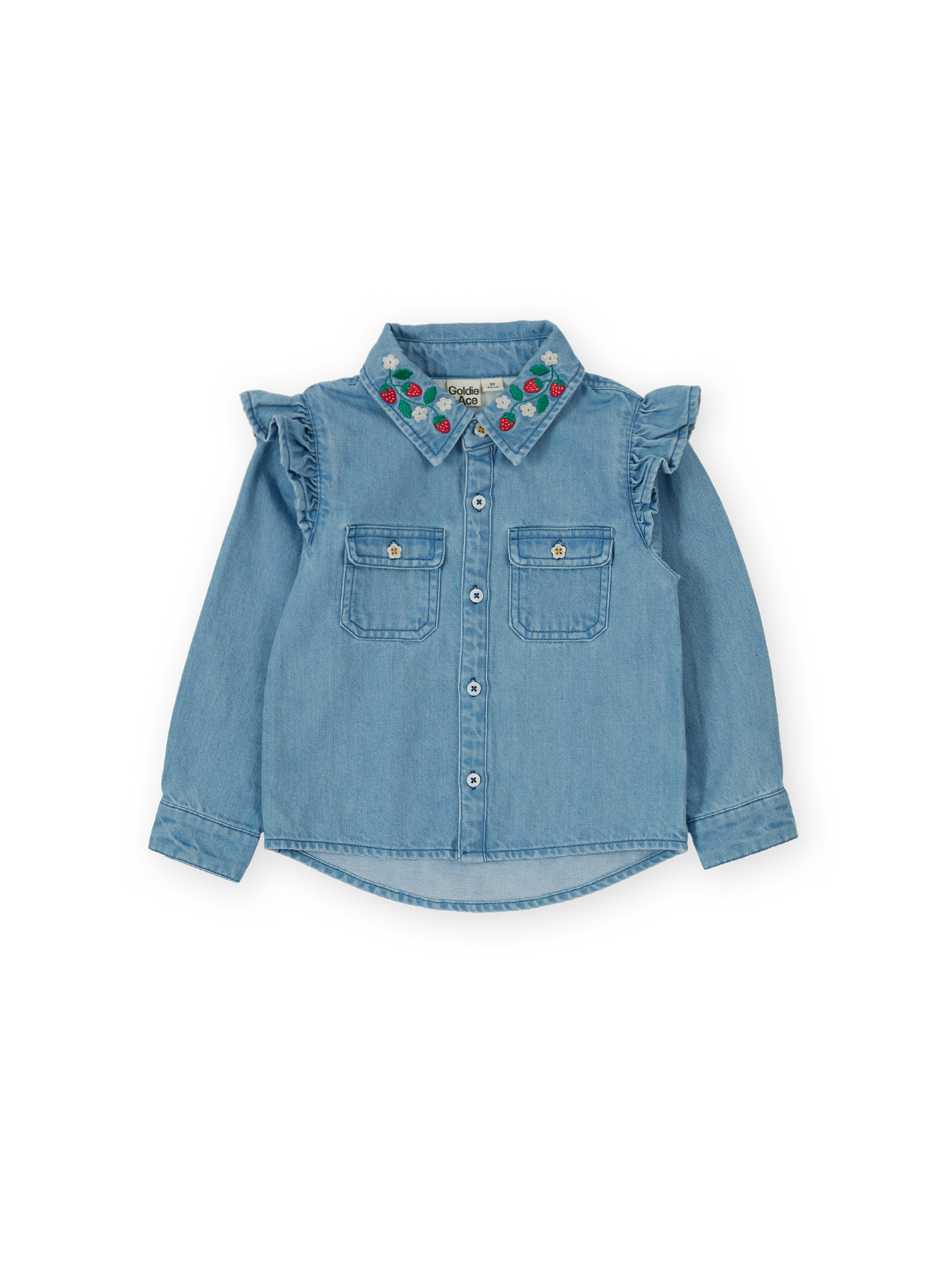 The Goldie + Ace Wild Strawberry Chambray Shirt in Vintage Blue pictured on a transparent background. The material is 100% cotton. It is a shirt made for babies, toddlers and kids.
