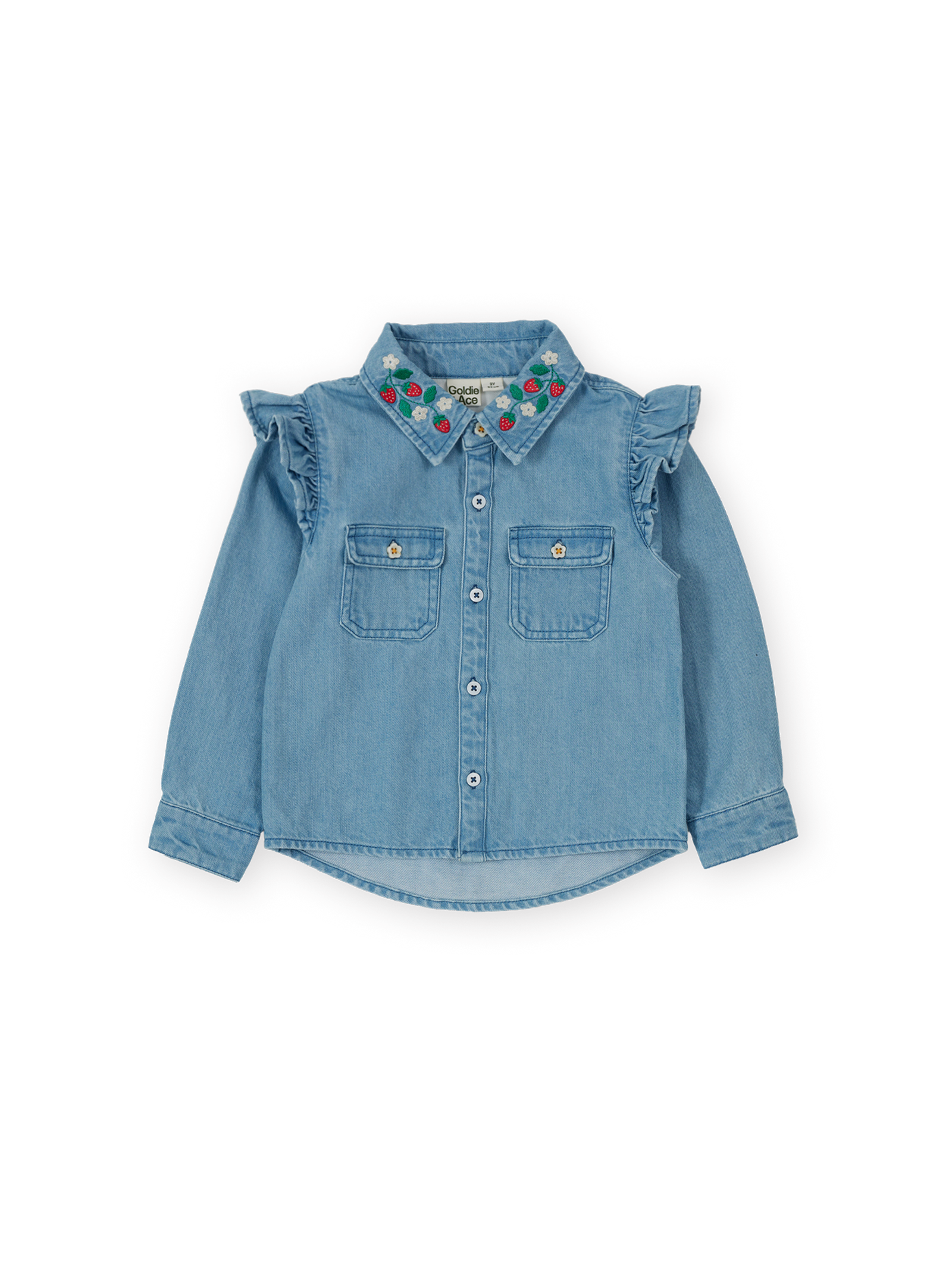 The Goldie + Ace Wild Strawberry Chambray Shirt in Vintage Blue pictured on a transparent background. The material is 100% cotton. It is a shirt made for babies, toddlers and kids.