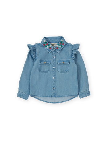 The Goldie + Ace Wild Strawberry Chambray Shirt in Vintage Blue pictured on a transparent background. The material is 100% cotton. It is a shirt made for babies, toddlers and kids.