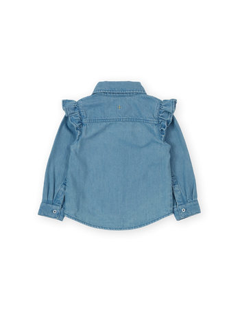 The Goldie + Ace Wild Strawberry Chambray Shirt in Vintage Blue pictured on a transparent background. The material is 100% cotton. It is a shirt made for babies, toddlers and kids.