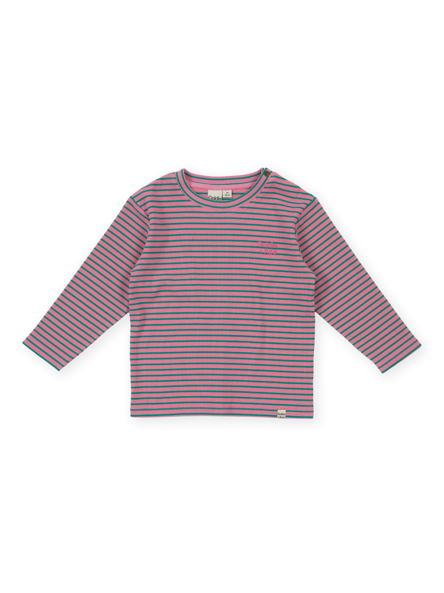 The Goldie + Ace Essential Stripe Rib Top in Pink pictured on a transparent background. The material is 95% cotton 5% spandex. It is a t-shirt made for babies, toddlers and kids.