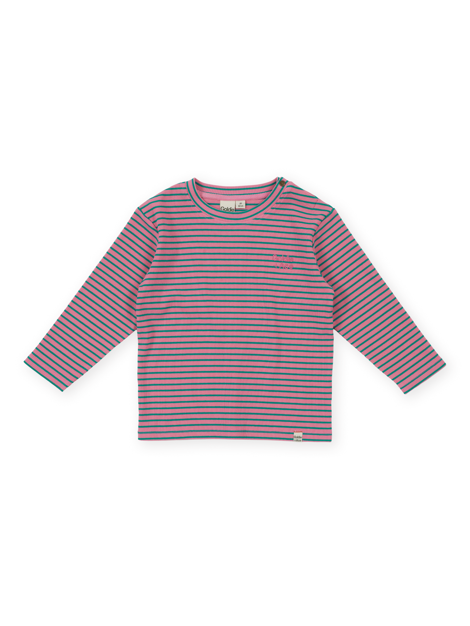 The Goldie + Ace Essential Stripe Rib Top in Pink pictured on a transparent background. The material is 95% cotton 5% spandex. It is a t-shirt made for babies, toddlers and kids.