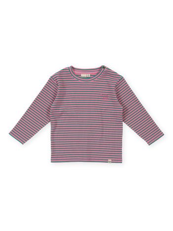 The Goldie + Ace Essential Stripe Rib Top in Pink pictured on a transparent background. The material is 95% cotton 5% spandex. It is a t-shirt made for babies, toddlers and kids.