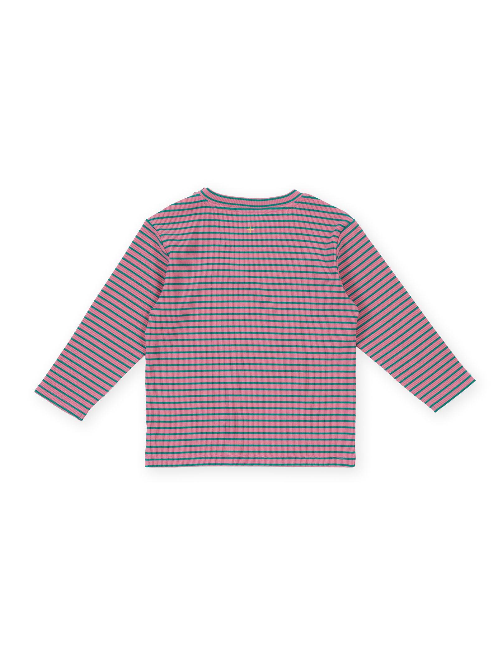 The Goldie + Ace Essential Stripe Rib Top in Pink pictured on a transparent background. The material is 95% cotton 5% spandex. It is a t-shirt made for babies, toddlers and kids.
