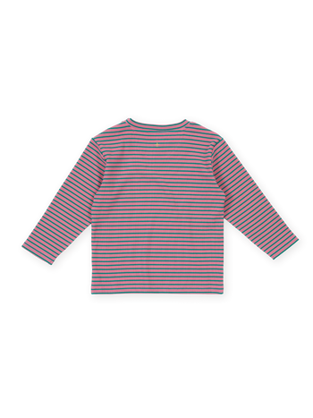 The Goldie + Ace Essential Stripe Rib Top in Pink pictured on a transparent background. The material is 95% cotton 5% spandex. It is a t-shirt made for babies, toddlers and kids.
