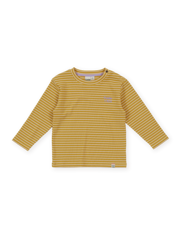 The Goldie + Ace Essential Stripe Rib Top in Yellow pictured on a transparent background. The material is 95% cotton 5% spandex. It is a t-shirt made for babies, toddlers and kids.