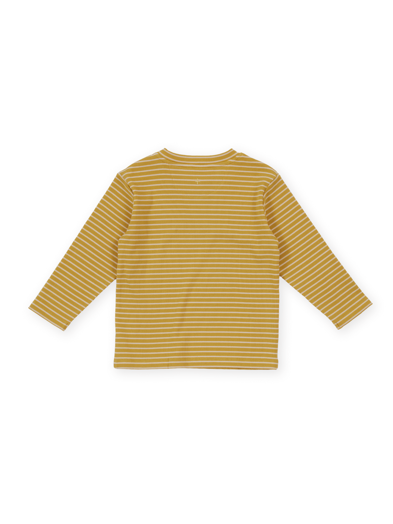 The Goldie + Ace Essential Stripe Rib Top in Yellow pictured on a transparent background. The material is 95% cotton 5% spandex. It is a t-shirt made for babies, toddlers and kids.