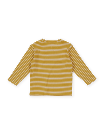 The Goldie + Ace Essential Stripe Rib Top in Yellow pictured on a transparent background. The material is 95% cotton 5% spandex. It is a t-shirt made for babies, toddlers and kids.