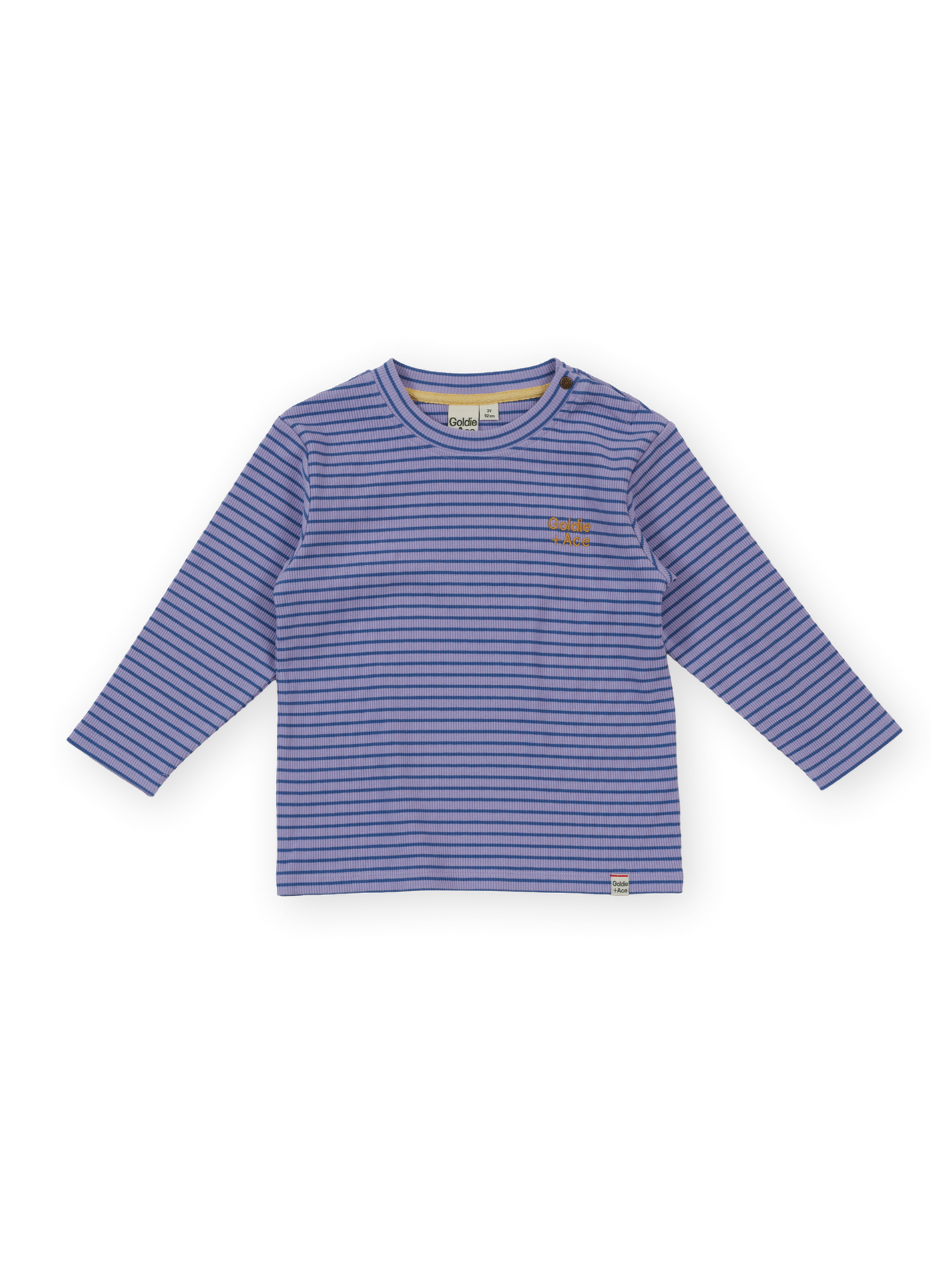 The Goldie + Ace Essential Stripe Rib Top in Purple pictured on a transparent background. The material is 95% cotton 5% spandex. It is a t-shirt made for babies, toddlers and kids.