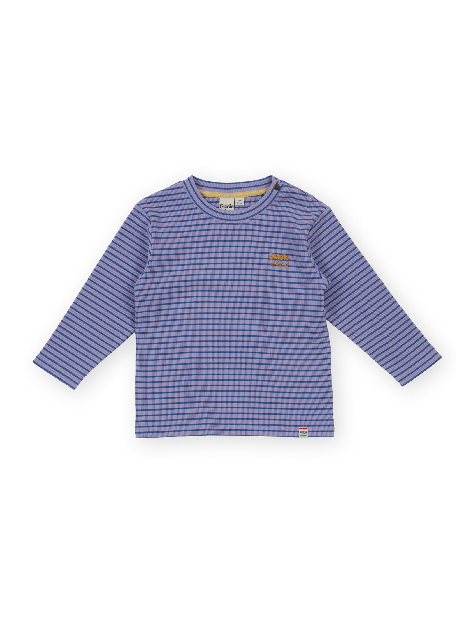 The Goldie + Ace Essential Stripe Rib Top in Purple pictured on a transparent background. The material is 95% cotton 5% spandex. It is a t-shirt made for babies, toddlers and kids.