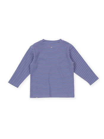 The Goldie + Ace Essential Stripe Rib Top in Purple pictured on a transparent background. The material is 95% cotton 5% spandex. It is a t-shirt made for babies, toddlers and kids.