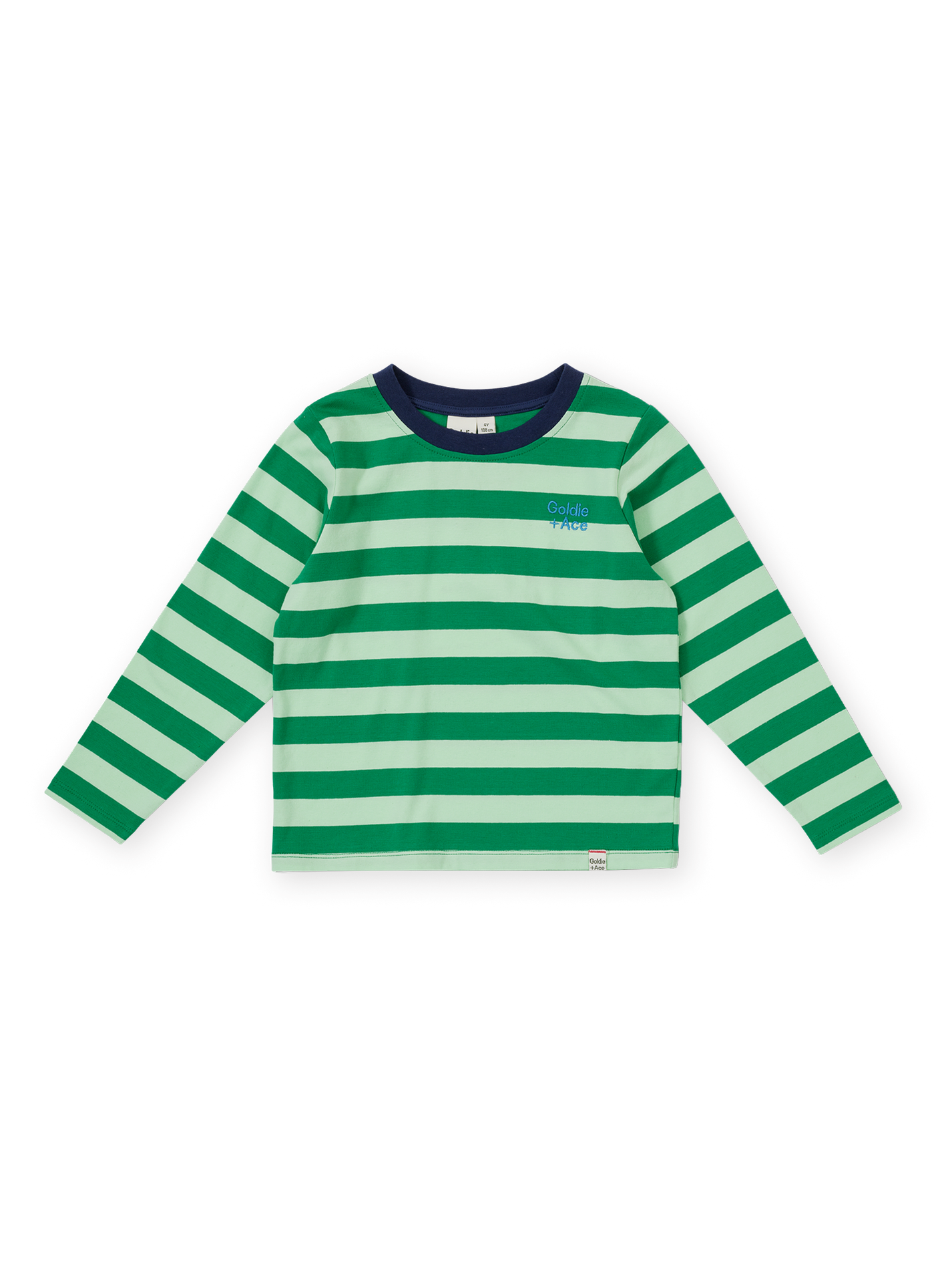 The Goldie + Ace Essential Stripe Longsleeve Top in Green pictured on a transparent background. The material is 97% cotton, 3% spandex. It is a t-shirt made for babies, toddlers and kids.