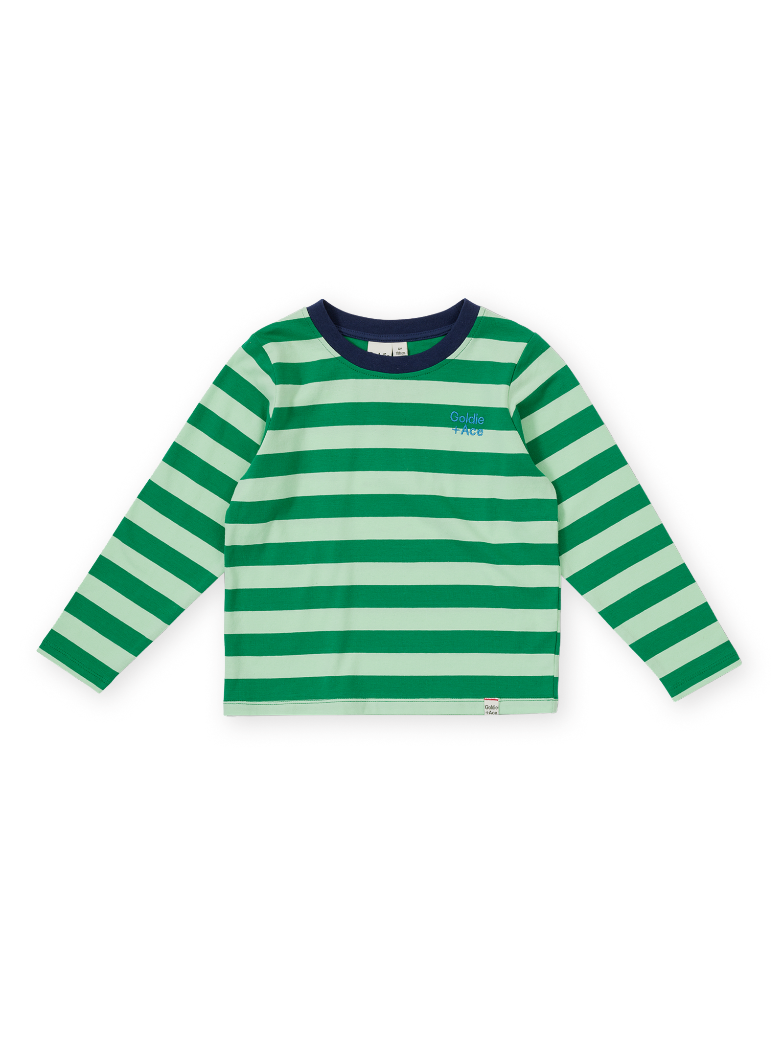 The Goldie + Ace Essential Stripe Longsleeve Top in Green pictured on a transparent background. The material is 97% cotton, 3% spandex. It is a t-shirt made for babies, toddlers and kids.