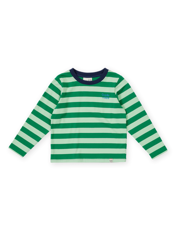 The Goldie + Ace Essential Stripe Longsleeve Top in Green pictured on a transparent background. The material is 97% cotton, 3% spandex. It is a t-shirt made for babies, toddlers and kids.