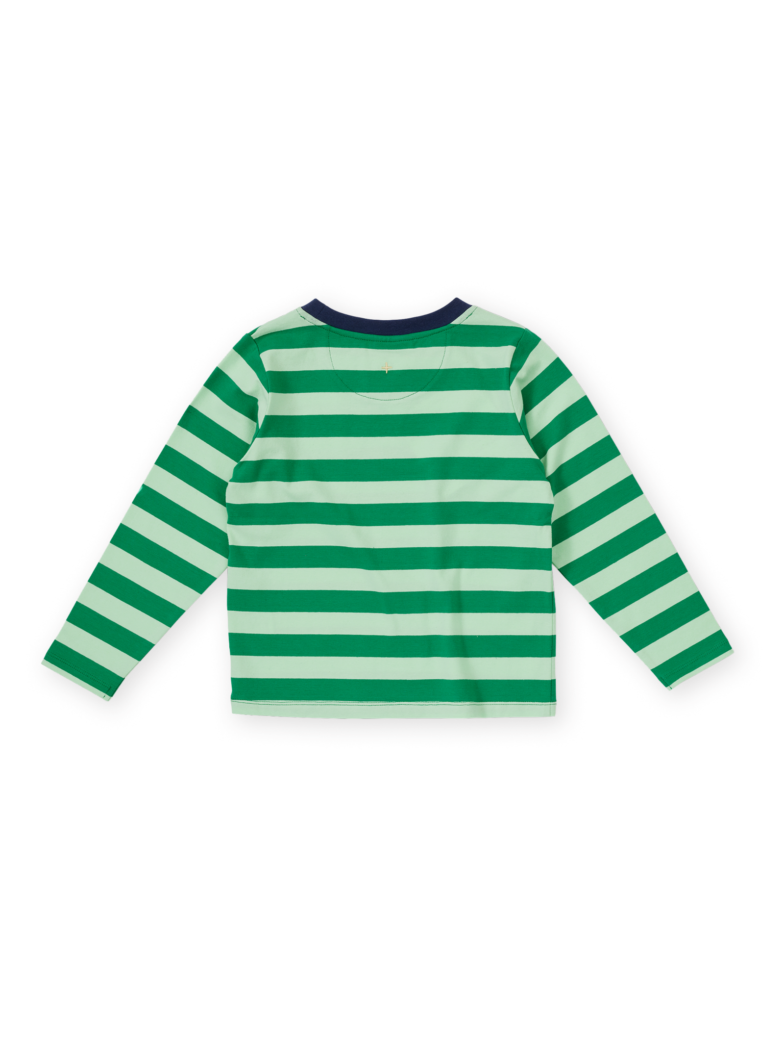 The Goldie + Ace Essential Stripe Longsleeve Top in Green pictured on a transparent background. The material is 97% cotton, 3% spandex. It is a t-shirt made for babies, toddlers and kids.