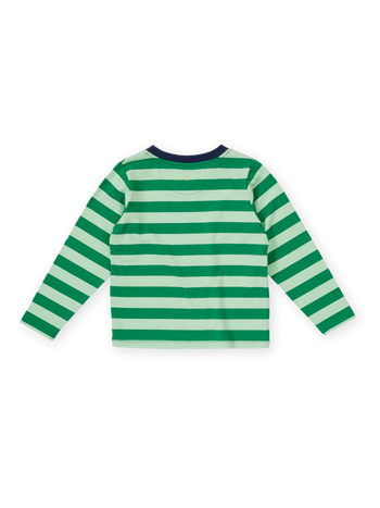 The Goldie + Ace Essential Stripe Longsleeve Top in Green pictured on a transparent background. The material is 97% cotton, 3% spandex. It is a t-shirt made for babies, toddlers and kids.