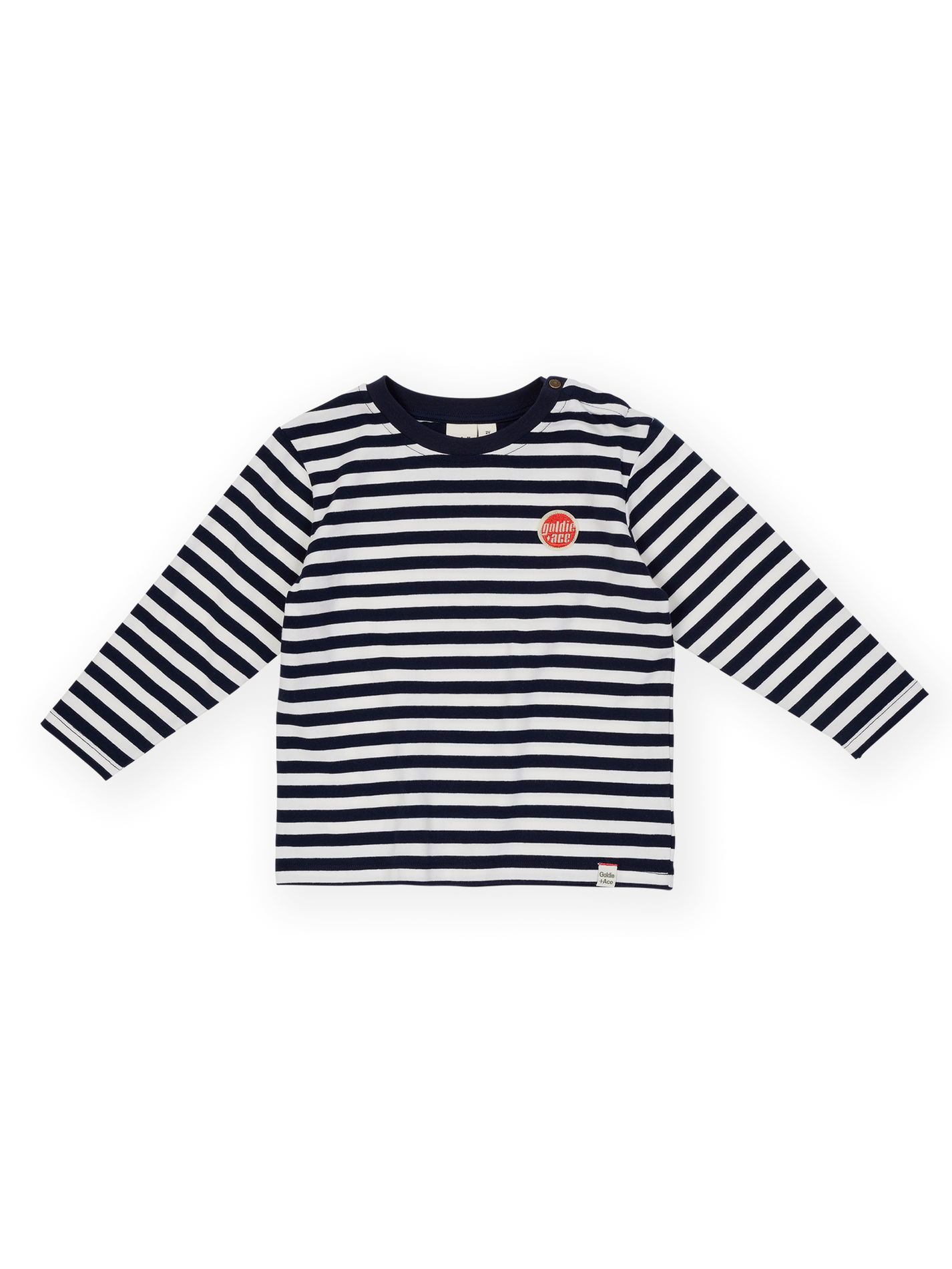 The Goldie + Ace Essential Stripe Longsleeve Top in Navy &amp; Antique White pictured on a transparent background. The material is 97% cotton, 3% spandex. It is a t-shirt made for babies, toddlers and kids.
