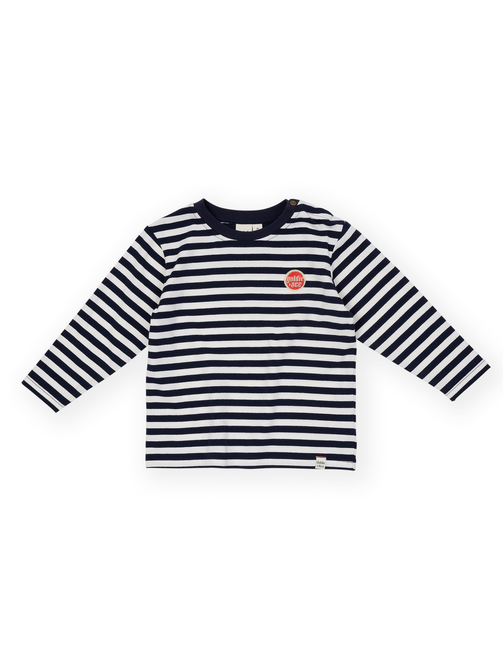 The Goldie + Ace Essential Stripe Longsleeve Top in Navy & Antique White pictured on a transparent background. The material is 97% cotton, 3% spandex. It is a t-shirt made for babies, toddlers and kids.