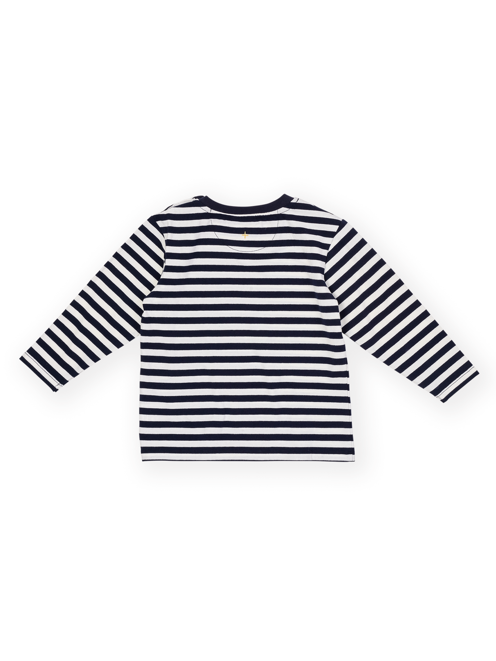 The Goldie + Ace Essential Stripe Longsleeve Top in Navy & Antique White pictured on a transparent background. The material is 97% cotton, 3% spandex. It is a t-shirt made for babies, toddlers and kids.
