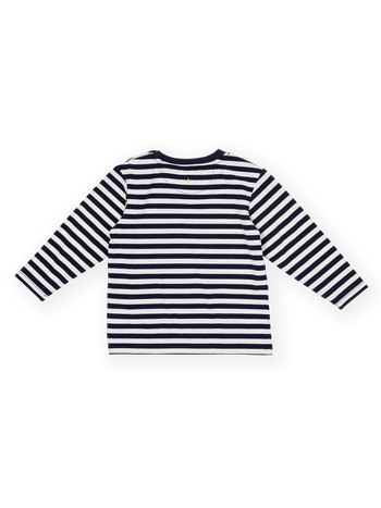 The Goldie + Ace Essential Stripe Longsleeve Top in Navy & Antique White pictured on a transparent background. The material is 97% cotton, 3% spandex. It is a t-shirt made for babies, toddlers and kids.