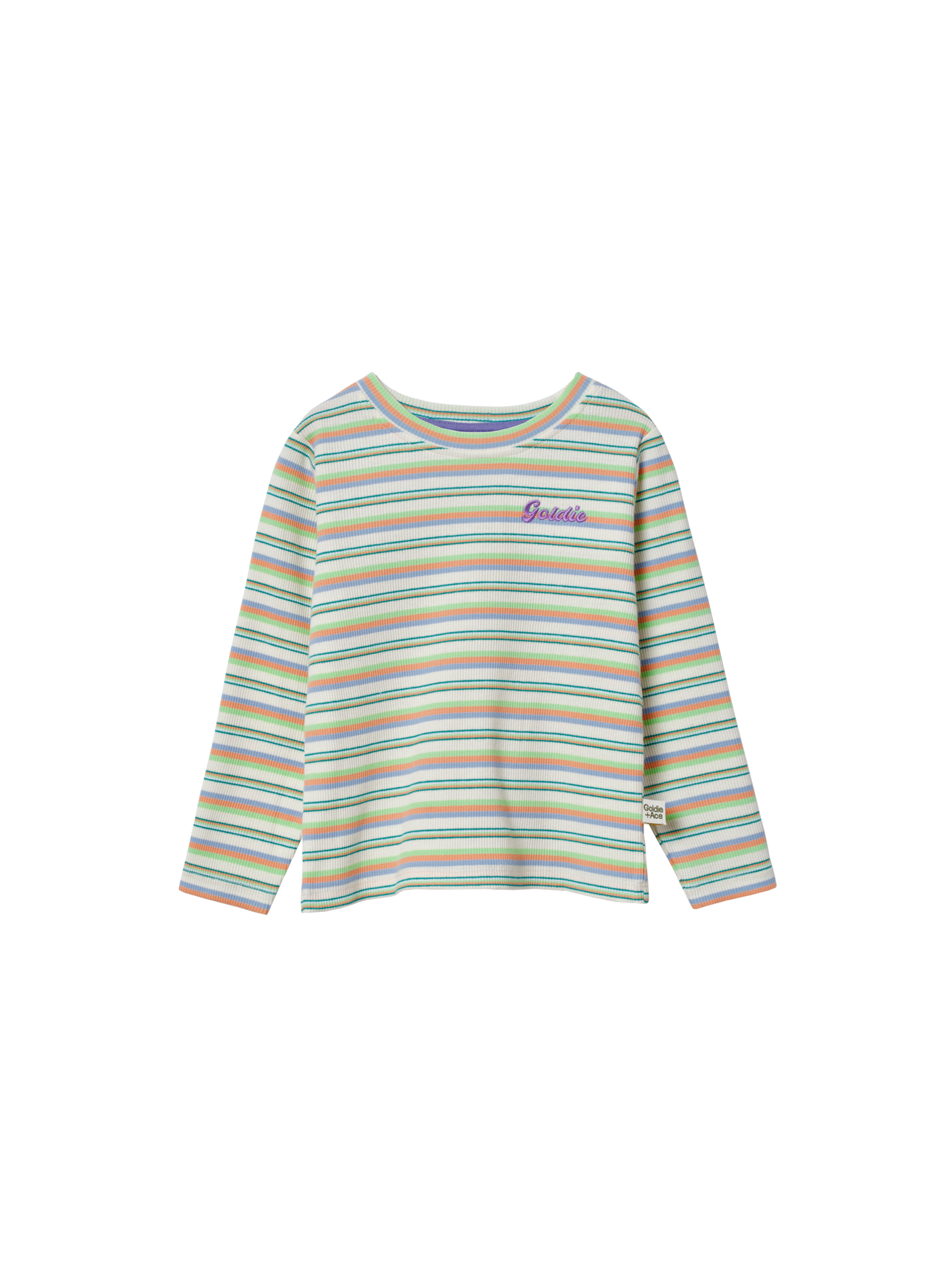 The Goldie + Ace Essential Stripe Rib Top Multi in Green/Purple pictured on a transparent background. The material is 95% cotton, 5% elastane. It is a t-shirt made for babies, toddlers and kids.