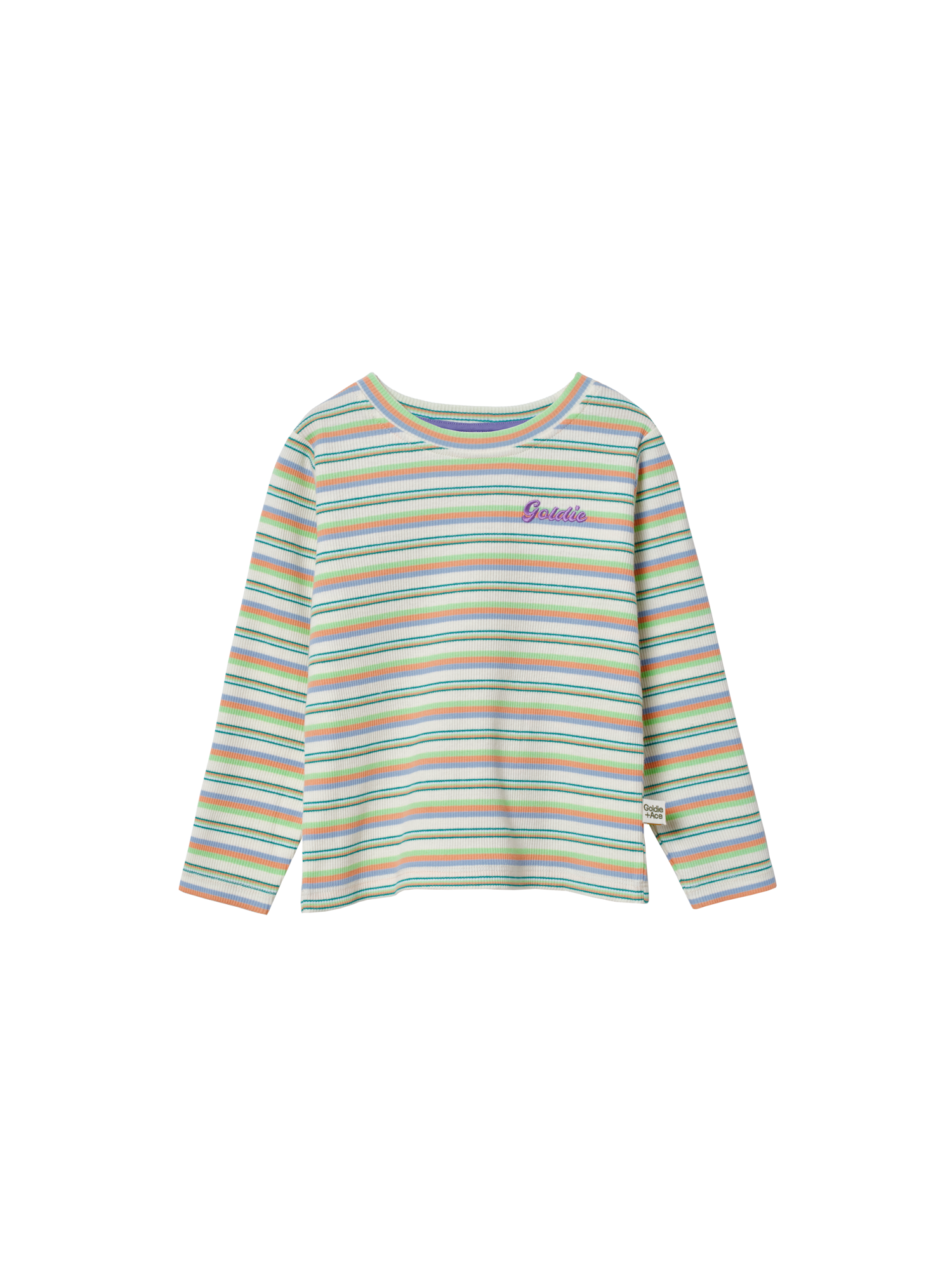 The Goldie + Ace Essential Stripe Rib Top Multi in Green/Purple pictured on a transparent background. The material is 95% cotton, 5% elastane. It is a t-shirt made for babies, toddlers and kids.