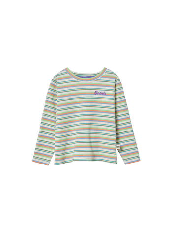 The Goldie + Ace Essential Stripe Rib Top Multi in Green/Purple pictured on a transparent background. The material is 95% cotton, 5% elastane. It is a t-shirt made for babies, toddlers and kids.