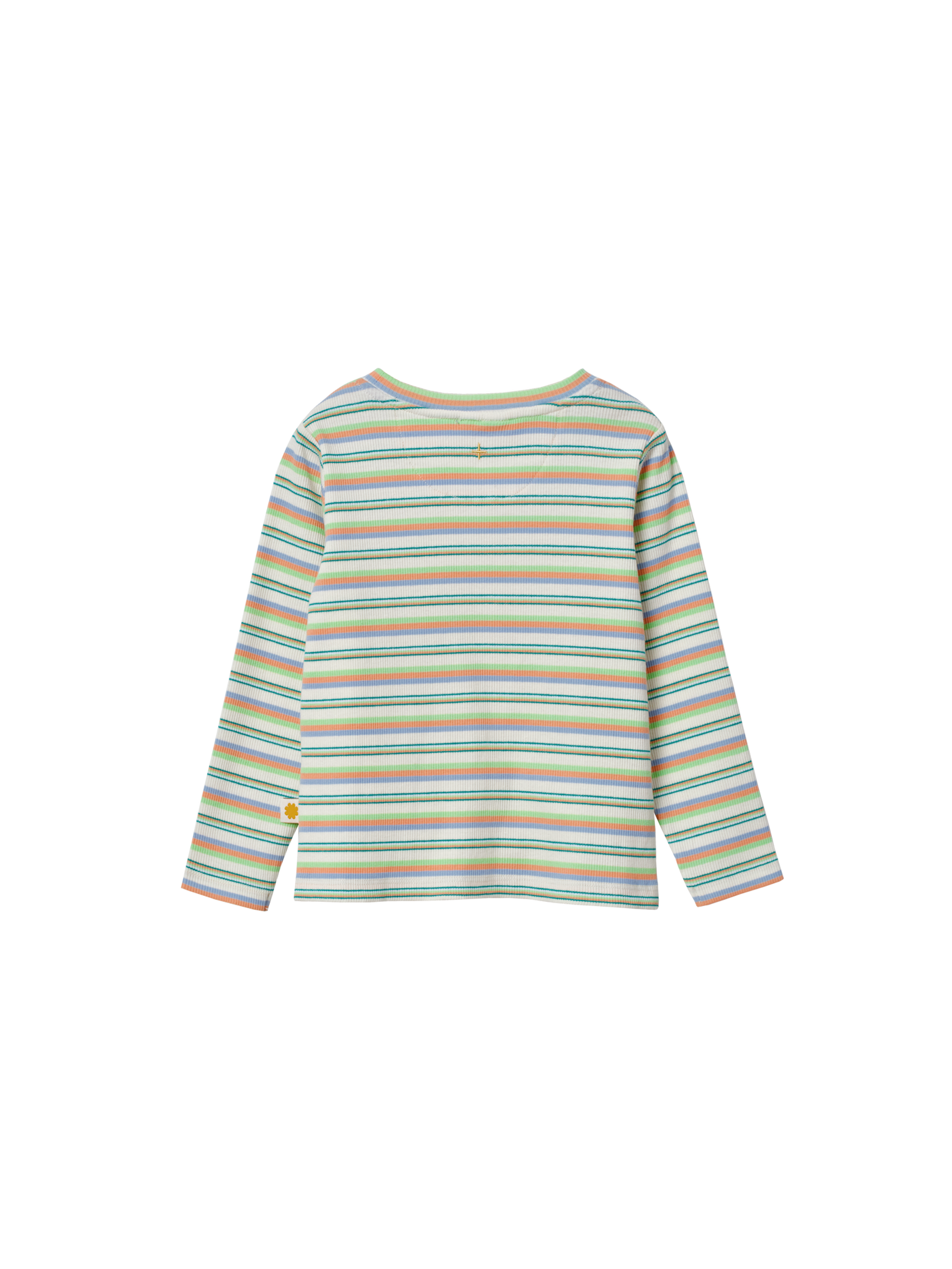 The Goldie + Ace Essential Stripe Rib Top Multi in Green/Purple pictured on a transparent background. The material is 95% cotton, 5% elastane. It is a t-shirt made for babies, toddlers and kids.