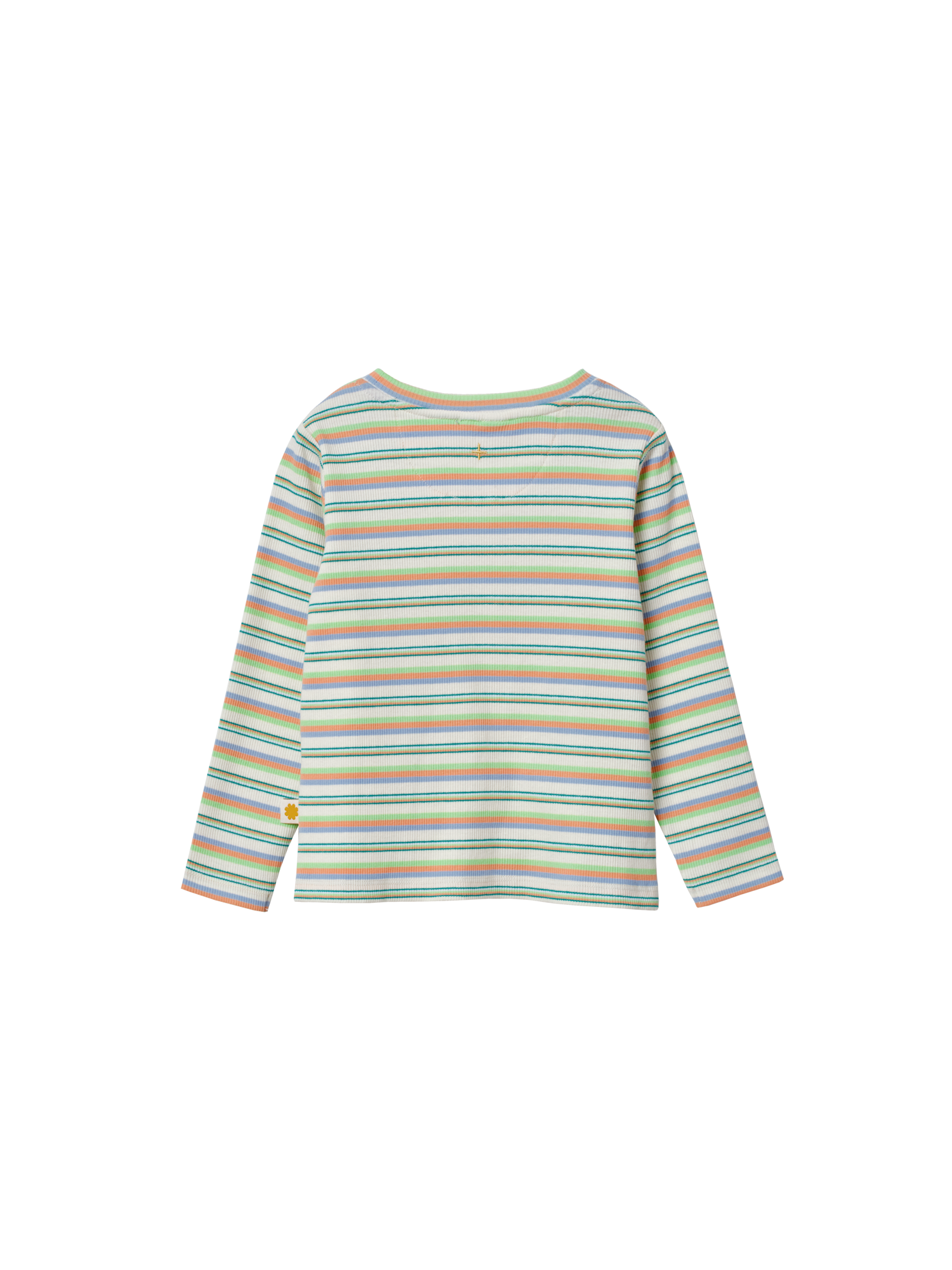 The Goldie + Ace Essential Stripe Rib Top Multi in Green/Purple pictured on a transparent background. The material is 95% cotton, 5% elastane. It is a t-shirt made for babies, toddlers and kids.