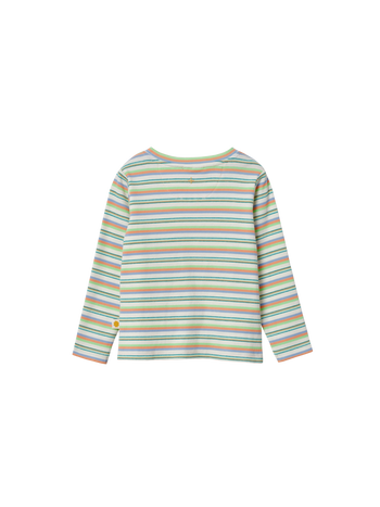 The Goldie + Ace Essential Stripe Rib Top Multi in Green/Purple pictured on a transparent background. The material is 95% cotton, 5% elastane. It is a t-shirt made for babies, toddlers and kids.