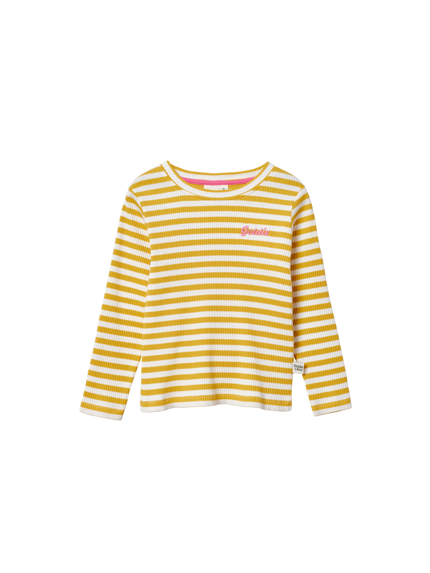 The Goldie + Ace Essential Stripe Rib Top Yellow/White in Yellow/White pictured on a transparent background. The material is 95% cotton, 5% elastane. It is a t-shirt made for babies, toddlers and kids.