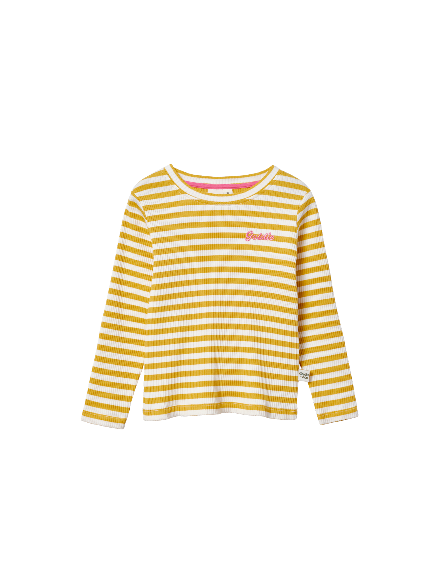 The Goldie + Ace Essential Stripe Rib Top Yellow/White in Yellow/White pictured on a transparent background. The material is 95% cotton, 5% elastane. It is a t-shirt made for babies, toddlers and kids.