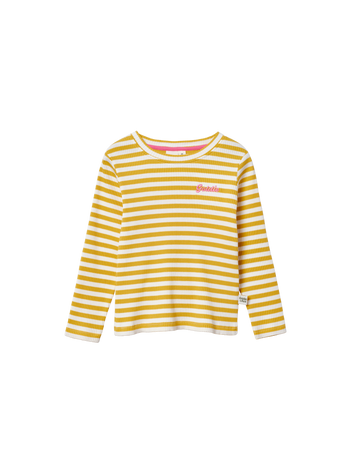 The Goldie + Ace Essential Stripe Rib Top Yellow/White in Yellow/White pictured on a transparent background. The material is 95% cotton, 5% elastane. It is a t-shirt made for babies, toddlers and kids.