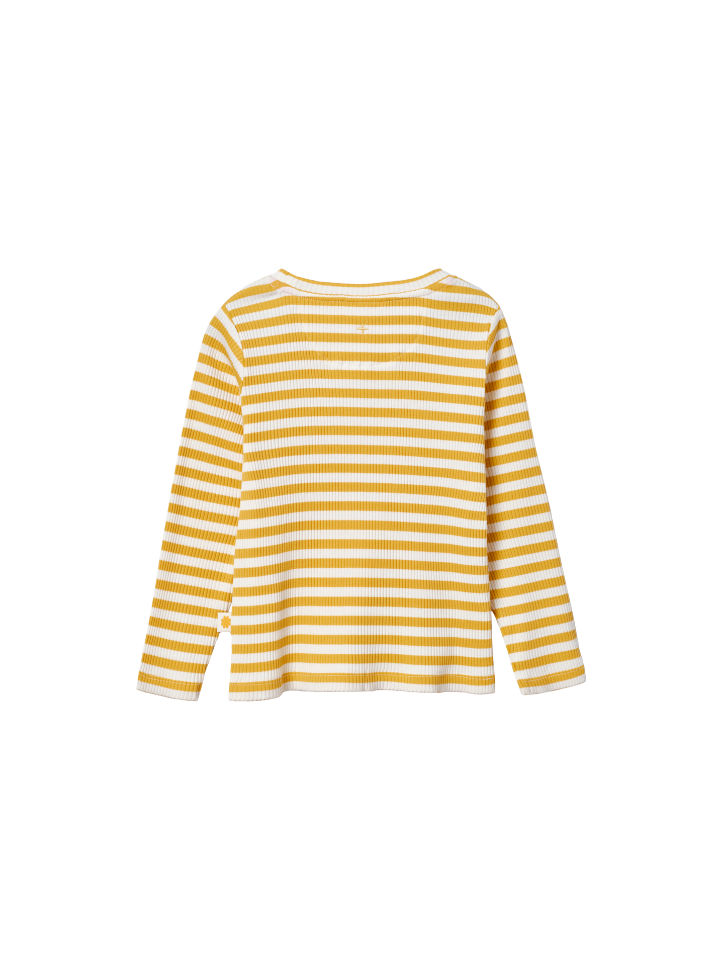 The Goldie + Ace Essential Stripe Rib Top Yellow/White in Yellow/White pictured on a transparent background. The material is 95% cotton, 5% elastane. It is a t-shirt made for babies, toddlers and kids.