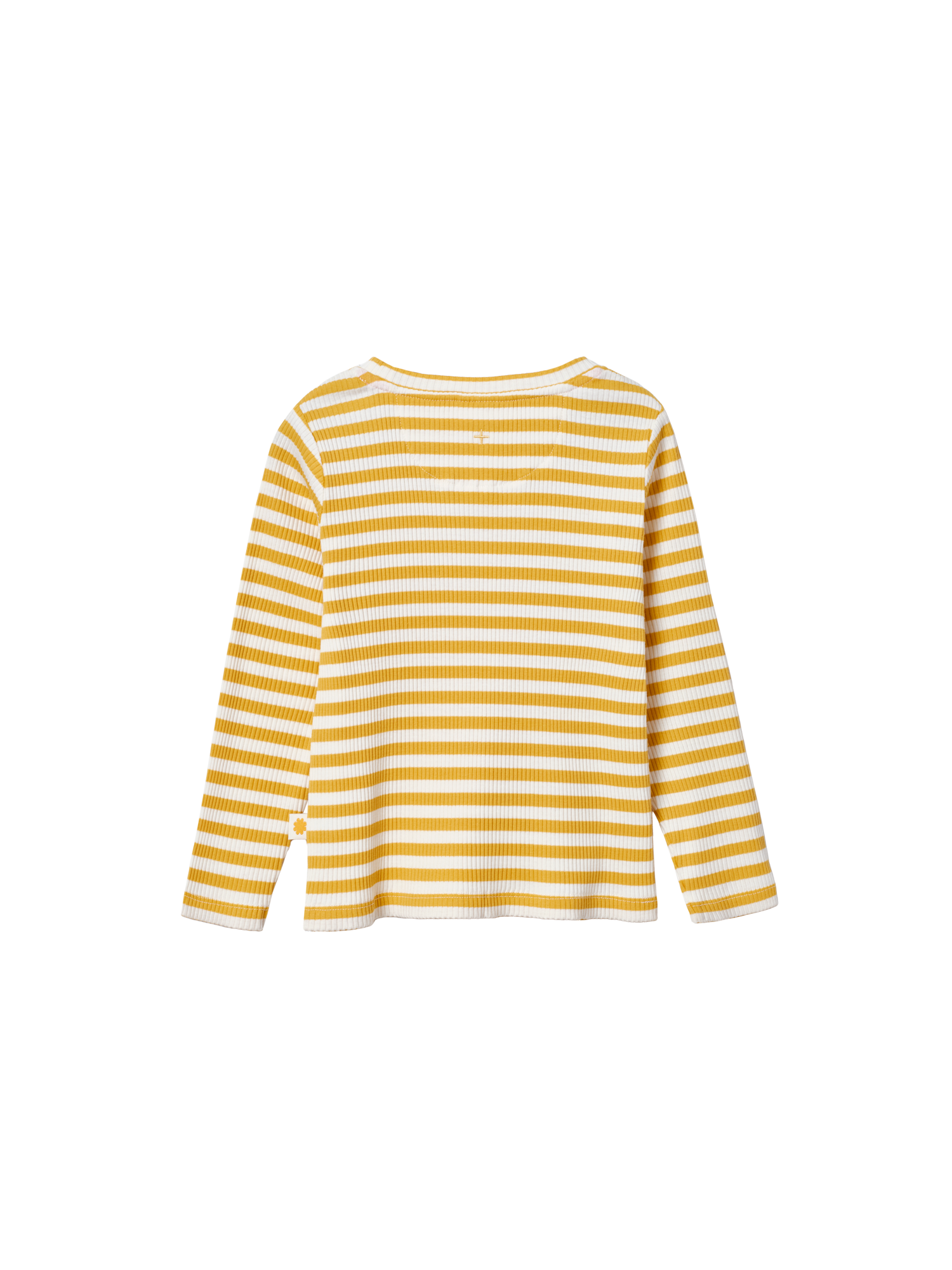 The Goldie + Ace Essential Stripe Rib Top Yellow/White in Yellow/White pictured on a transparent background. The material is 95% cotton, 5% elastane. It is a t-shirt made for babies, toddlers and kids.