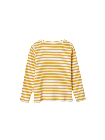The Goldie + Ace Essential Stripe Rib Top Yellow/White in Yellow/White pictured on a transparent background. The material is 95% cotton, 5% elastane. It is a t-shirt made for babies, toddlers and kids.