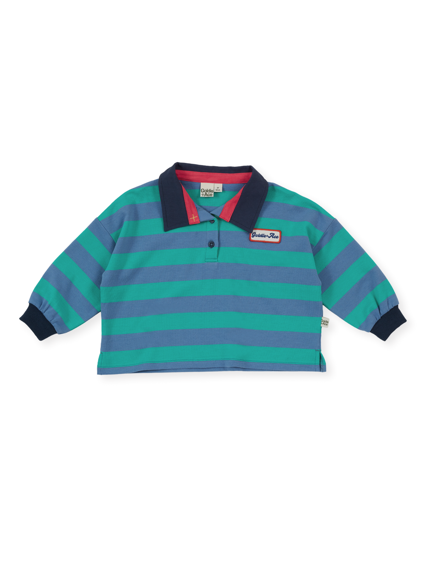 The Goldie + Ace Rugby Stripe Terry Sweat Top in Blue pictured on a transparent background. The material is 100% cotton. It is a polo made for babies, toddlers and kids.