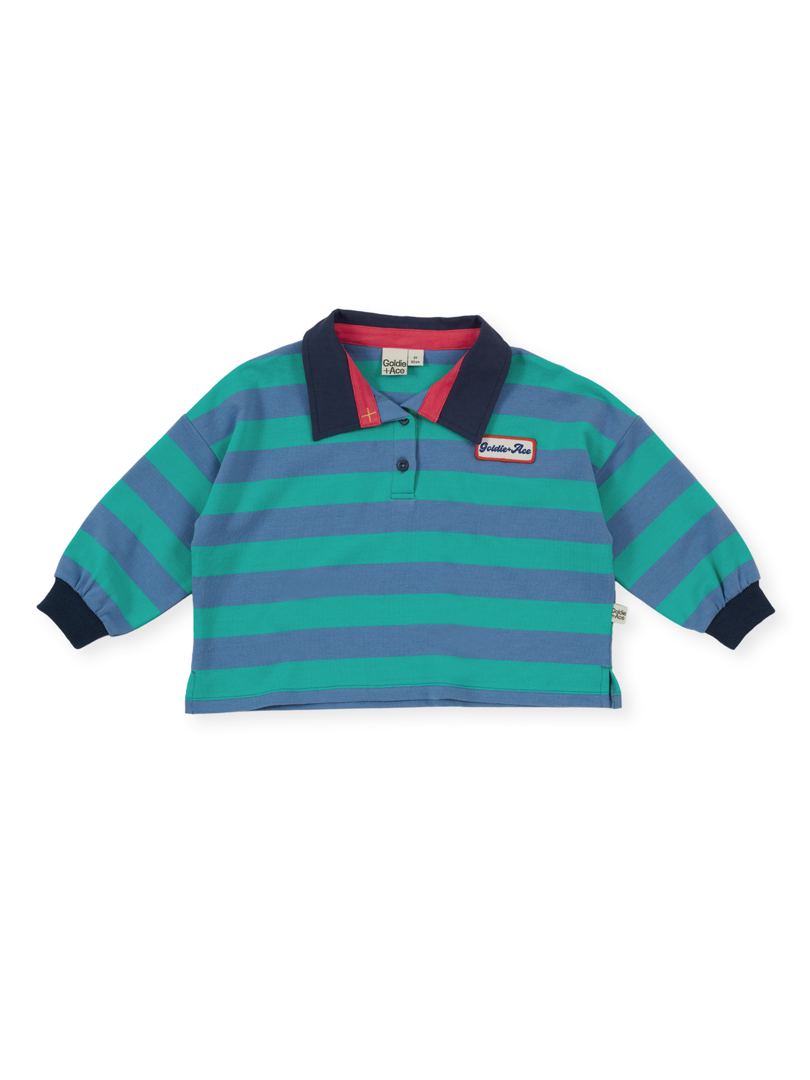 The Goldie + Ace Rugby Stripe Terry Sweat Top in Blue pictured on a transparent background. The material is 100% cotton. It is a polo made for babies, toddlers and kids.