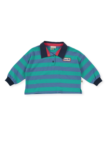 The Goldie + Ace Rugby Stripe Terry Sweat Top in Blue pictured on a transparent background. The material is 100% cotton. It is a polo made for babies, toddlers and kids.