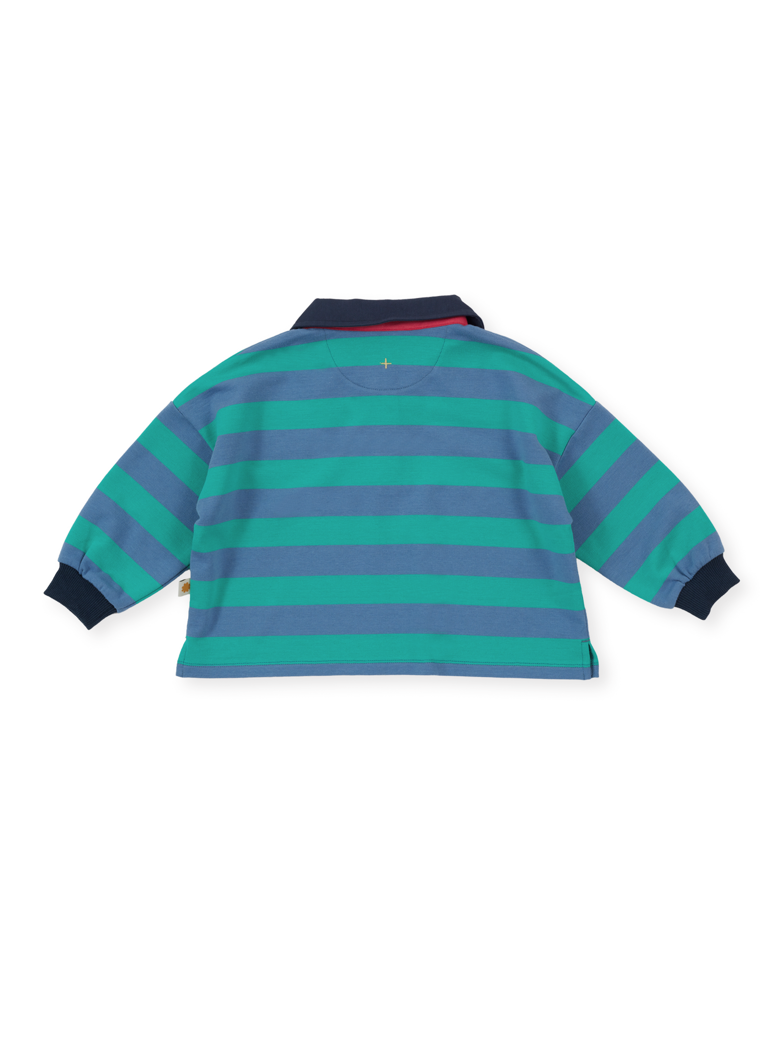 The Goldie + Ace Rugby Stripe Terry Sweat Top in Blue pictured on a transparent background. The material is 100% cotton. It is a polo made for babies, toddlers and kids.