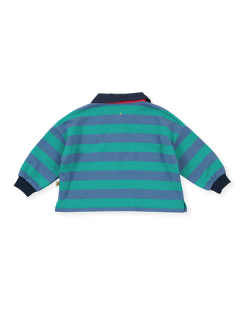 The Goldie + Ace Rugby Stripe Terry Sweat Top in Blue pictured on a transparent background. The material is 100% cotton. It is a polo made for babies, toddlers and kids.