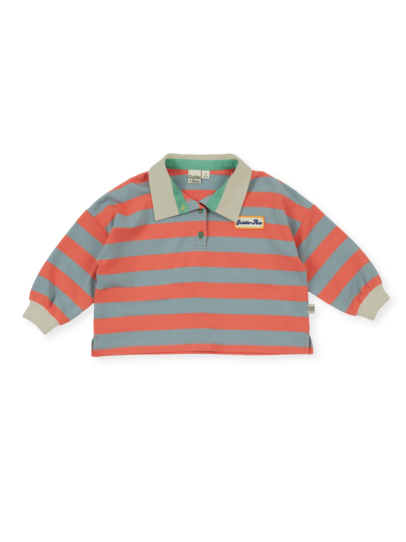 The Goldie + Ace Rugby Stripe Terry Sweat Top in Orange pictured on a transparent background. The material is 100% cotton. It is a polo made for babies, toddlers and kids.