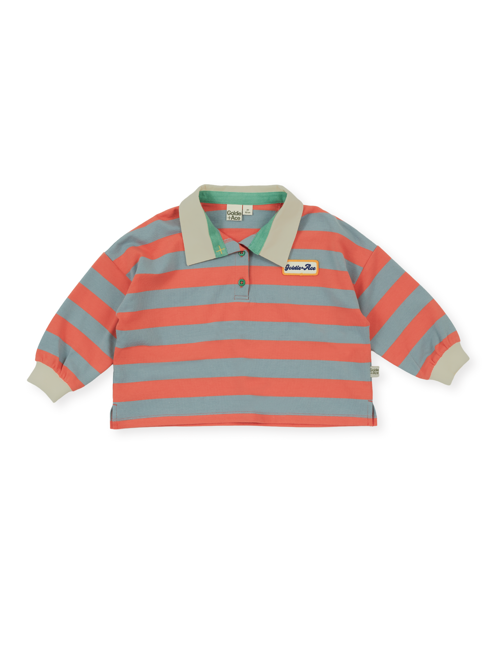 The Goldie + Ace Rugby Stripe Terry Sweat Top in Orange pictured on a transparent background. The material is 100% cotton. It is a polo made for babies, toddlers and kids.