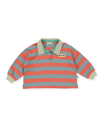 The Goldie + Ace Rugby Stripe Terry Sweat Top in Orange pictured on a transparent background. The material is 100% cotton. It is a polo made for babies, toddlers and kids.