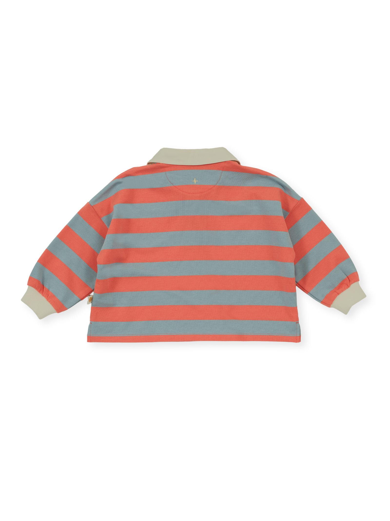 The Goldie + Ace Rugby Stripe Terry Sweat Top in Orange pictured on a transparent background. The material is 100% cotton. It is a polo made for babies, toddlers and kids.