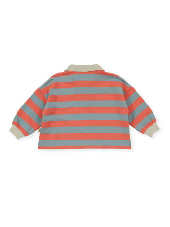 The Goldie + Ace Rugby Stripe Terry Sweat Top in Orange pictured on a transparent background. The material is 100% cotton. It is a polo made for babies, toddlers and kids.