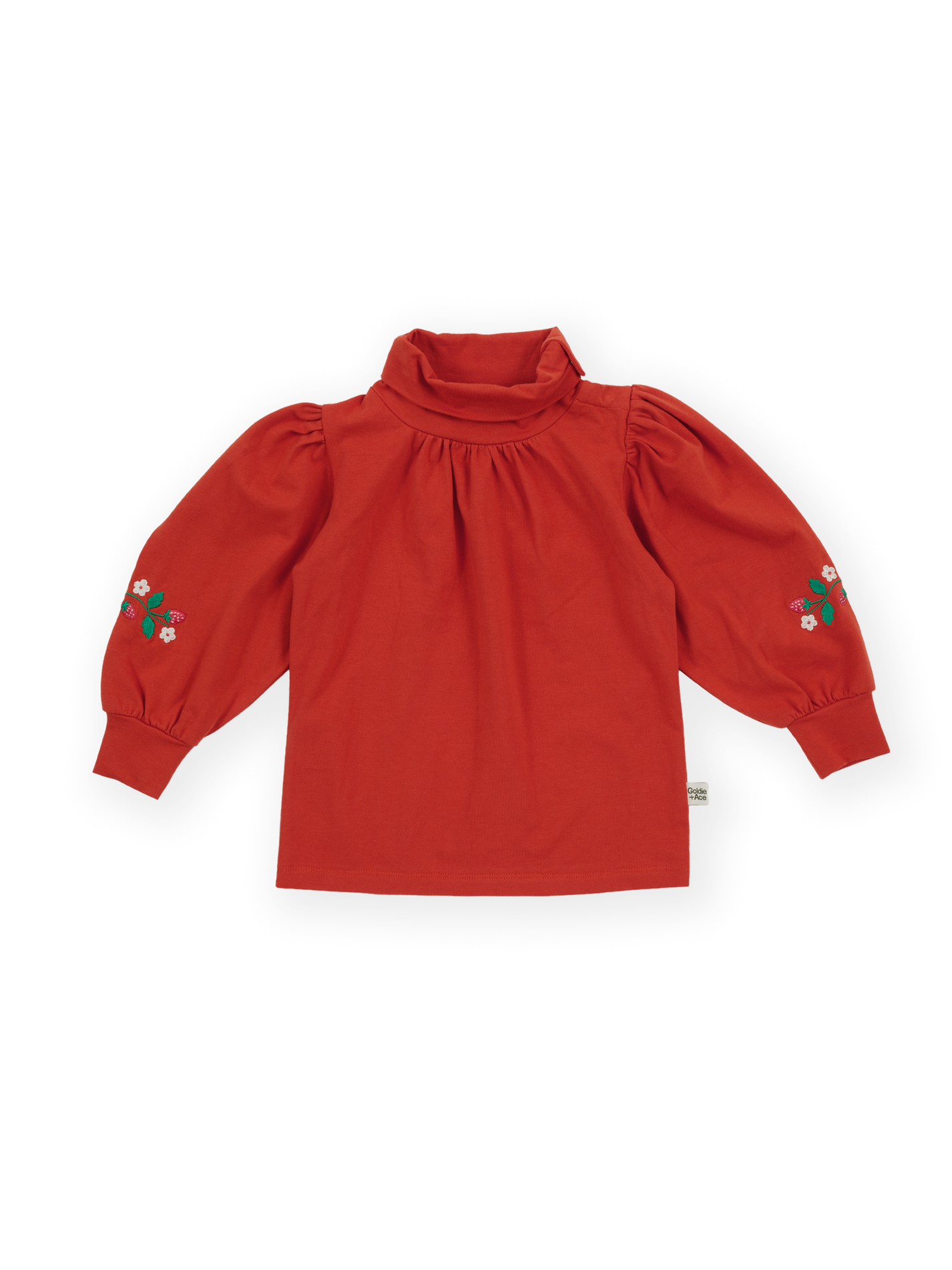 The Goldie + Ace Sofia Strawberry Puff Sleeve Skivvy in Red pictured on a transparent background. The material is 100% cotton. It is a t-shirt made for babies, toddlers and kids.